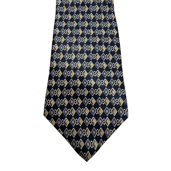 Villa Bugatti Mens Silk Necktie Navy Gold Geometric Diamond Pattern Made In USA - Picture 1 of 5